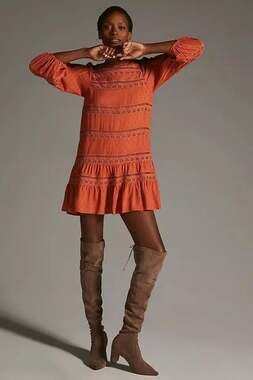 New ANTHROPOLOGIE Tiered Puff Long Sleeve Mini Dress $160 MEDIUM Terracotta